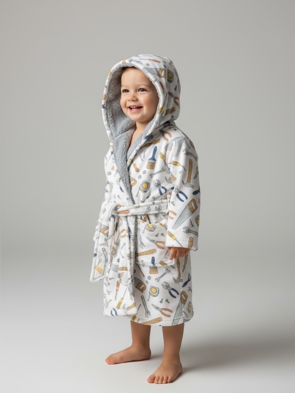 🎉 (18-24m) Hudson Baby White Hooded Kids Robe with Multicolor Tool Print